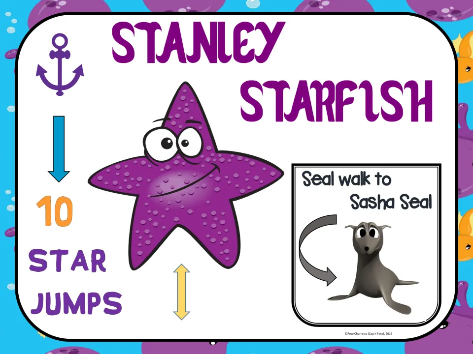 Stanley Starfish exercise sign: perform 10 star jumps, then seal walk to the Sasha Seal sign in the set