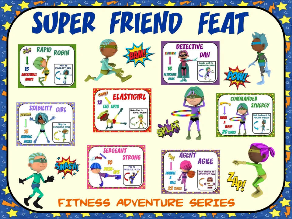 Super Friend Feat cover for a fitness adventure featuring superhero exercise signs and movement directions
