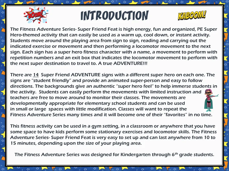 Introduction to the 14-sign fitness adventure for kindergarten through sixth grade, lasting 10–15 minutes