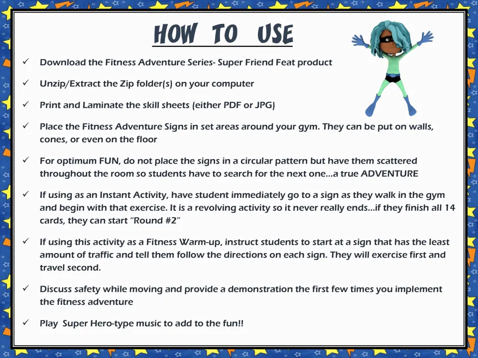 Fitness adventure directions: print and laminate signs, scatter them around the gym, and demonstrate safety