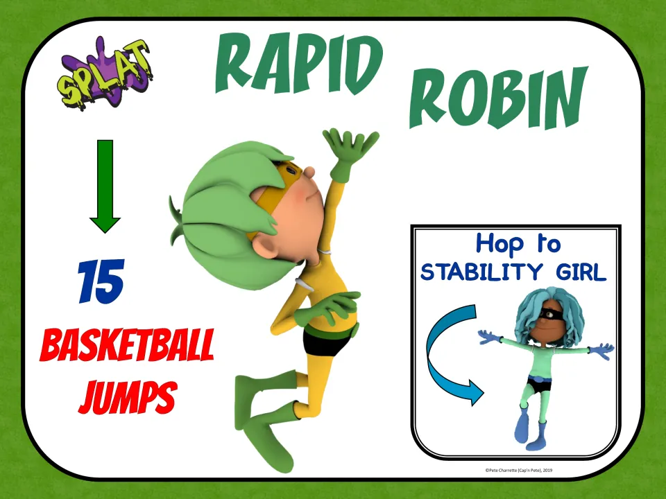 Rapid Robin fitness sign: perform 15 basketball jumps, then hop to Stability Girl for the next exercise