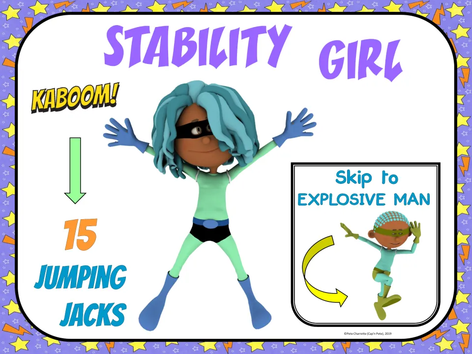 Stability Girl fitness sign: perform 15 jumping jacks, then skip to Explosive Man for the next exercise