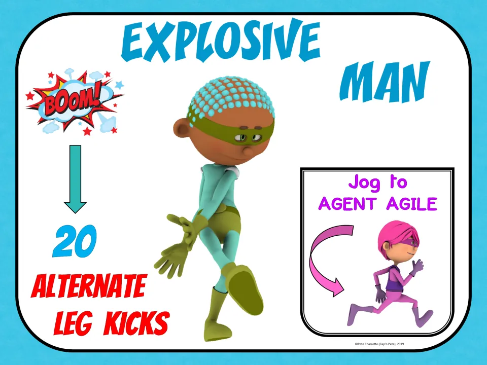Explosive Man fitness sign: perform 20 alternate leg kicks, then jog to Agent Agile for the next exercise