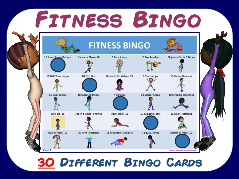 Fitness Bingo cover: a sample exercise card with 25 illustrated moves like tuck jumps and burpees; 30 different bingo cards