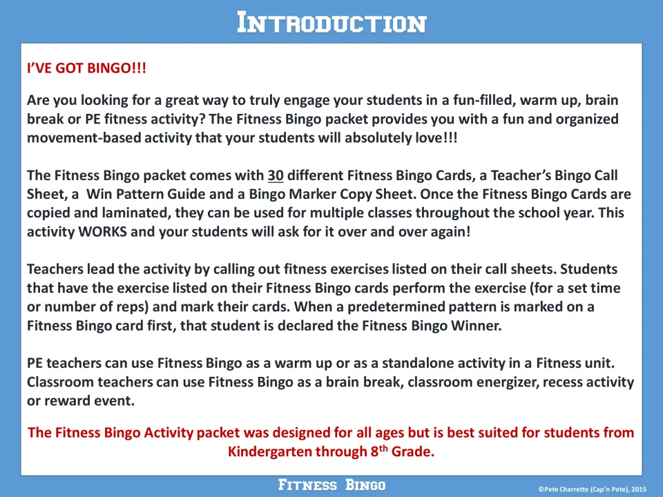 Introduction: teacher calls out exercises, students perform them and mark bingo cards until a set pattern is completed