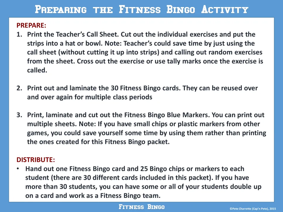 Preparation steps: print and cut the call sheet, laminate the 30 cards, cut out markers and give each student 25 chips