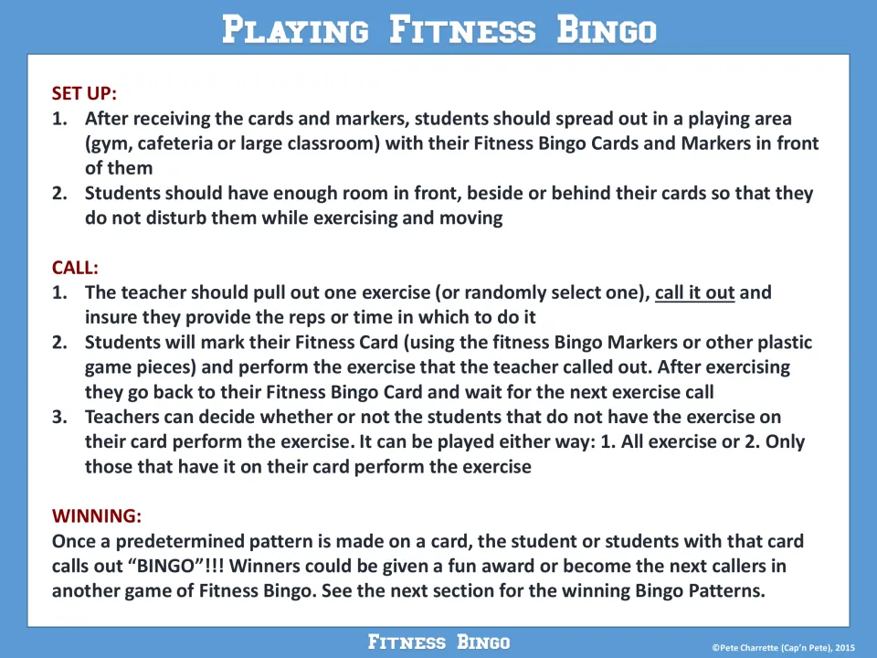 How to play: students spread out, do each exercise the teacher calls, mark their cards and call BINGO on a set pattern