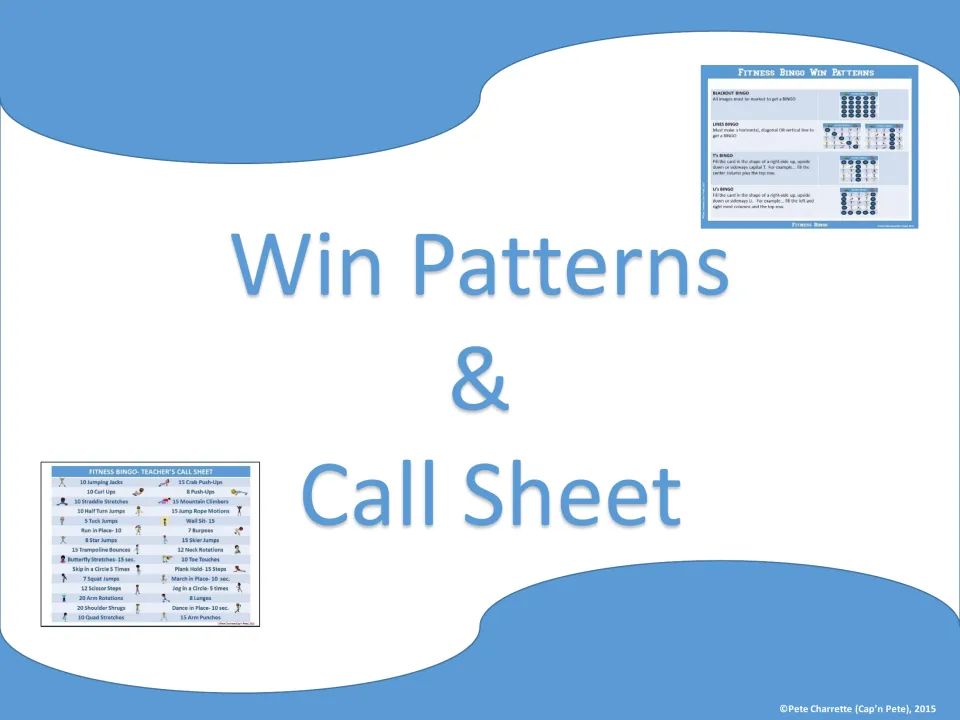 Section divider for win patterns and the call sheet, with small previews of the pattern guide and the exercise list