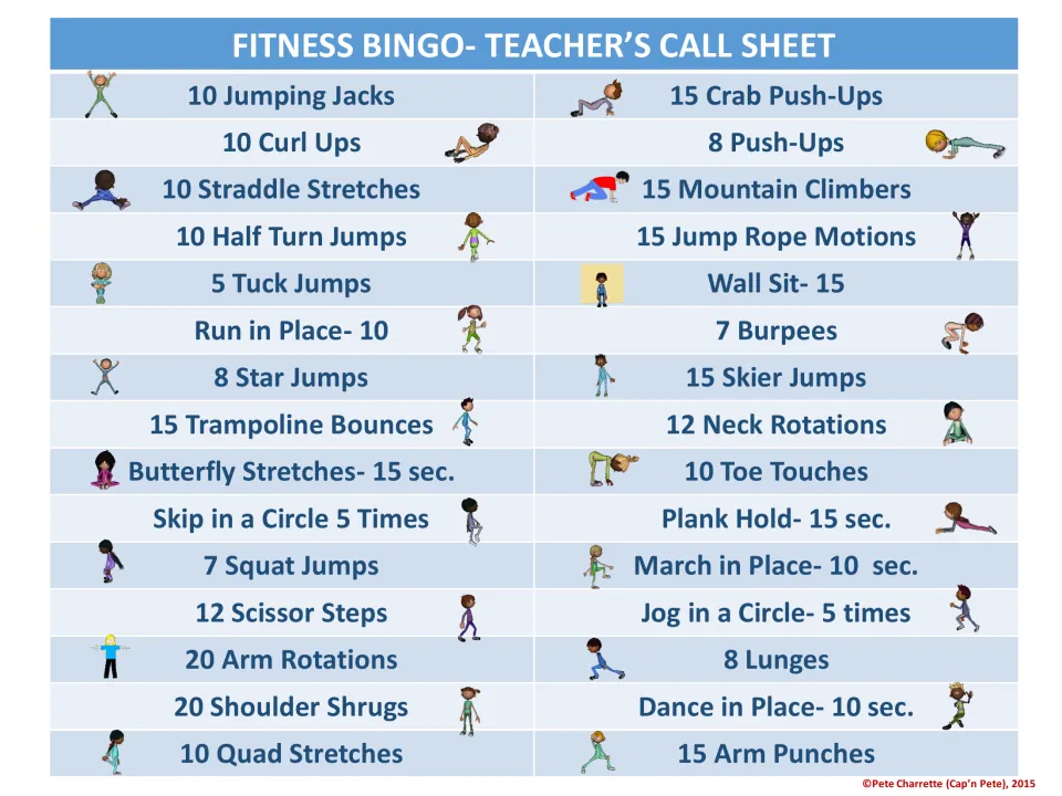 Teacher's call sheet listing 30 exercises with reps or times, such as 10 jumping jacks, 7 burpees and plank hold 15 sec.