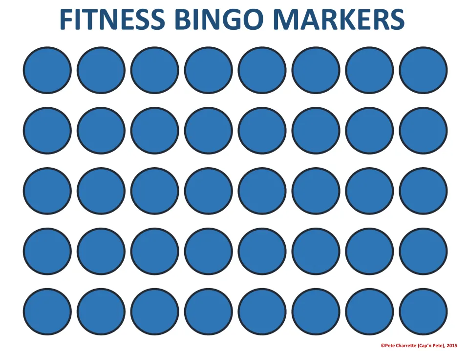 Printable bingo markers: 40 blue circle chips to laminate and cut out so students can mark each called exercise