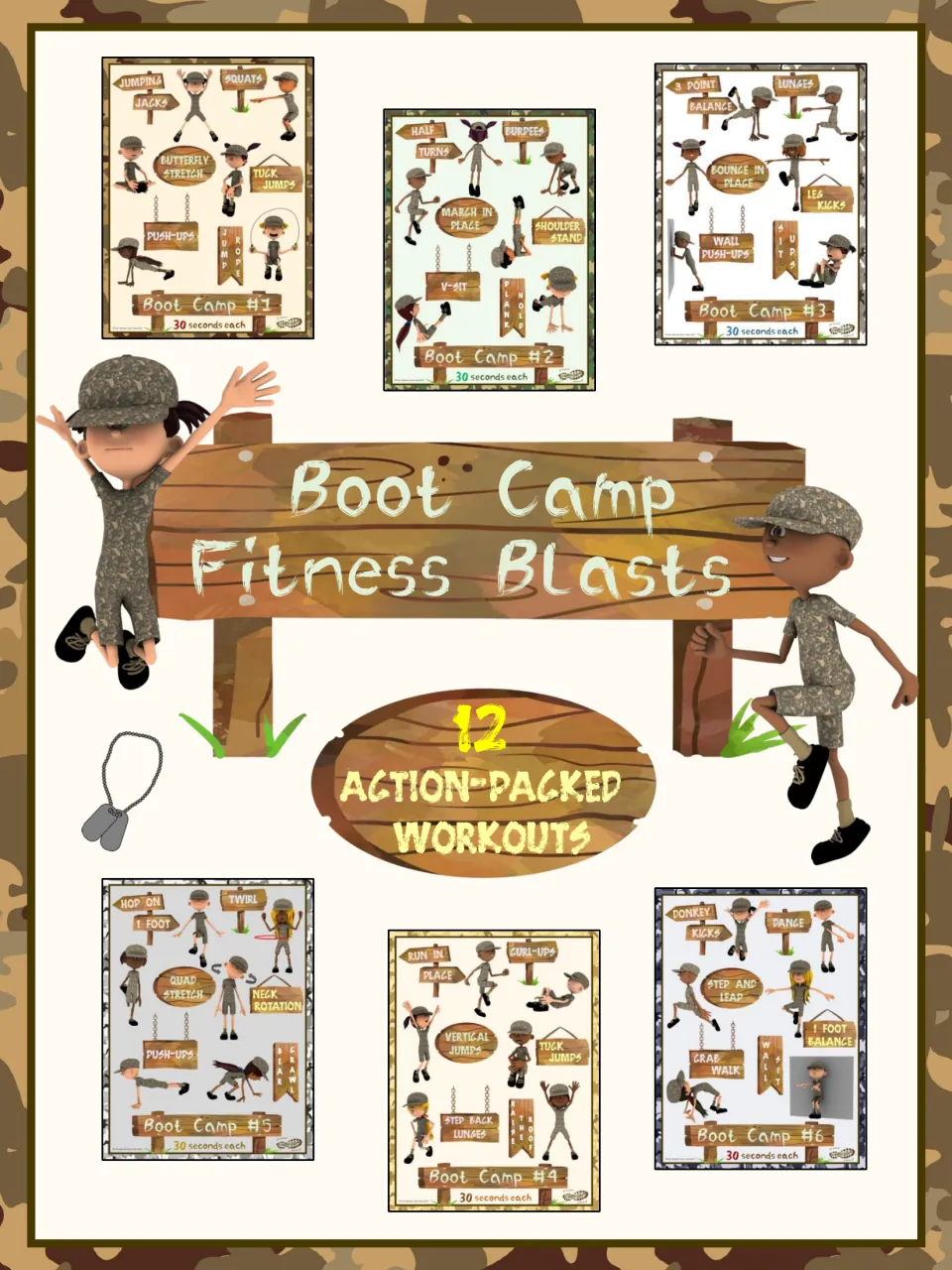 Boot Camp Fitness Blasts cover introduces 12 workouts and shows miniature versions of workout cards 1–6