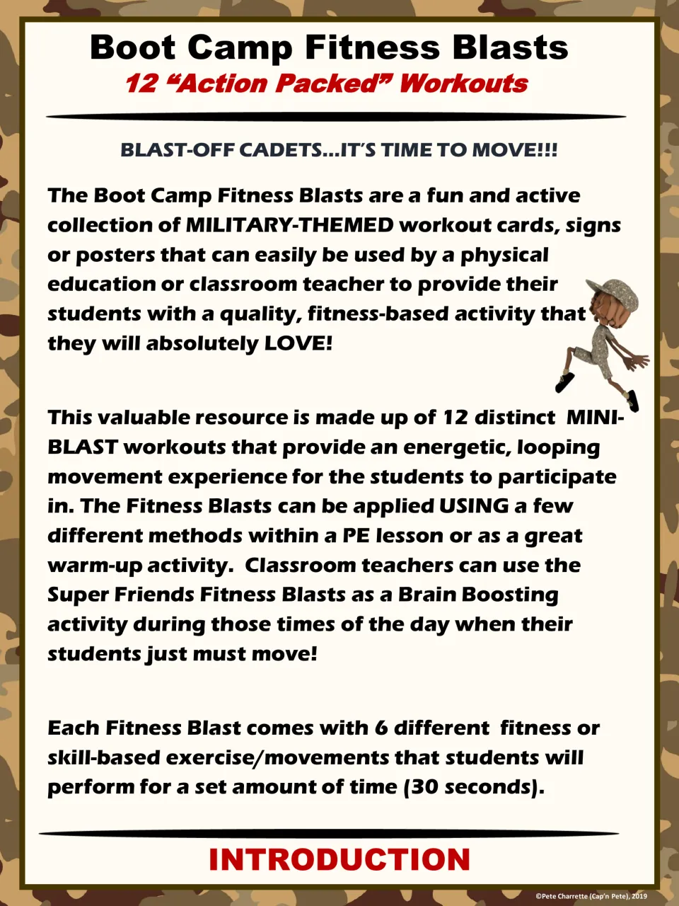 Introduction explains the 12 military-themed workouts, each containing six movements done for 30 seconds