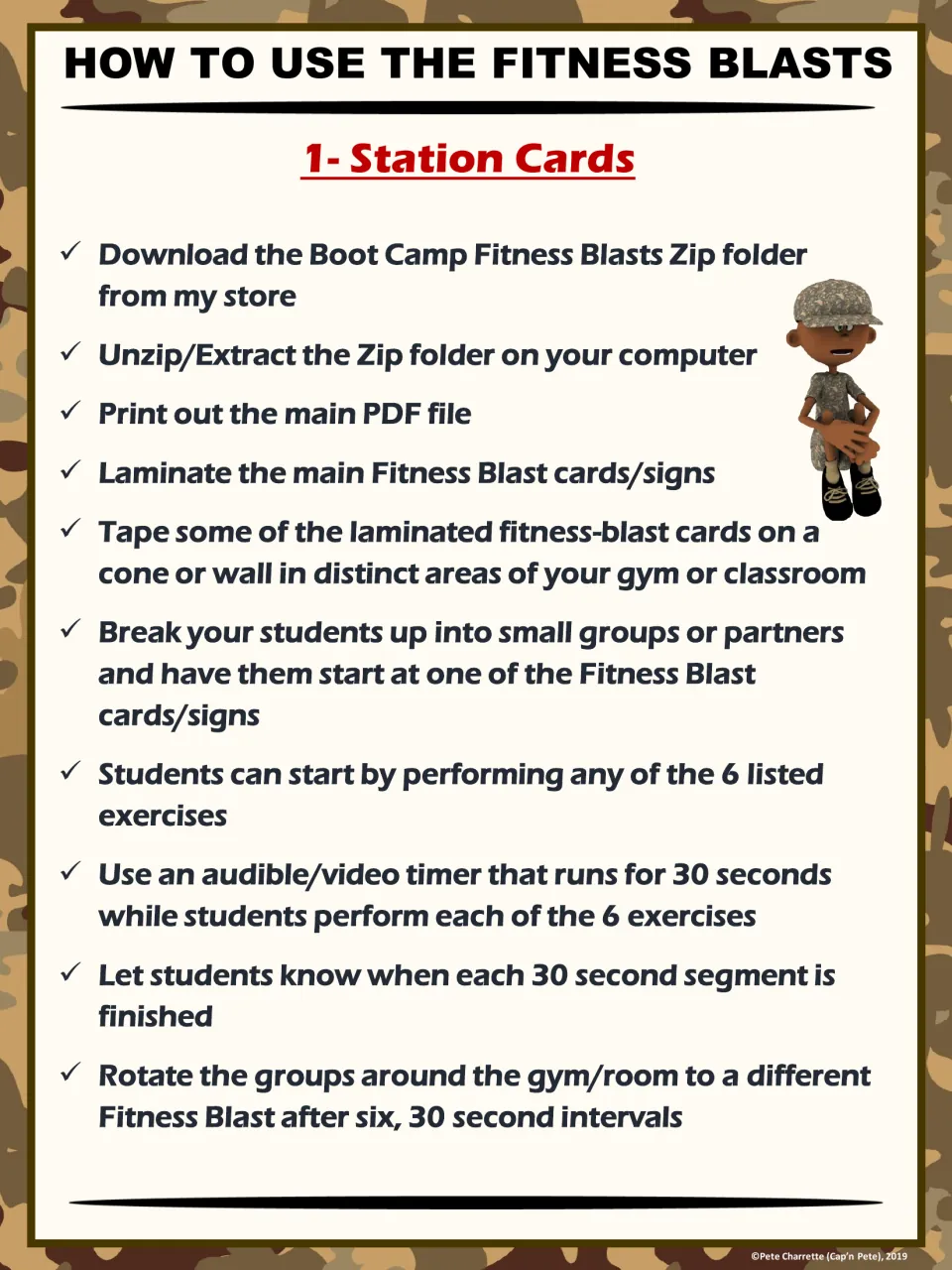 Station card directions explain printing, laminating, grouping students, and rotating after six timed exercises