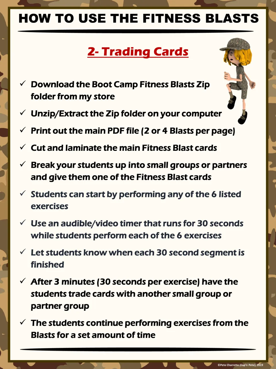 Trading card directions explain printing two or four workouts per page and trading cards after three minutes