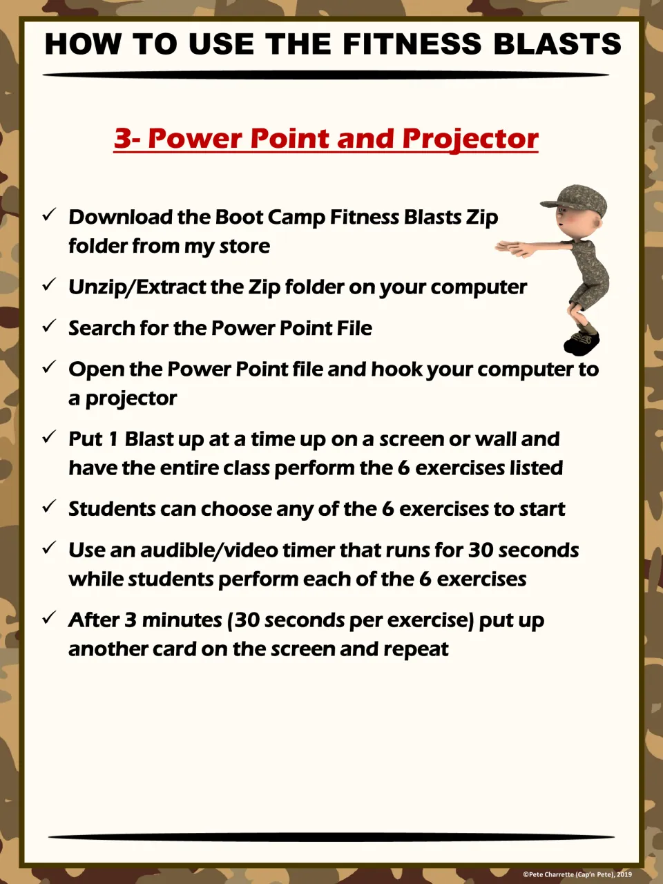 PowerPoint directions explain projecting one workout for the whole class and changing it after three minutes
