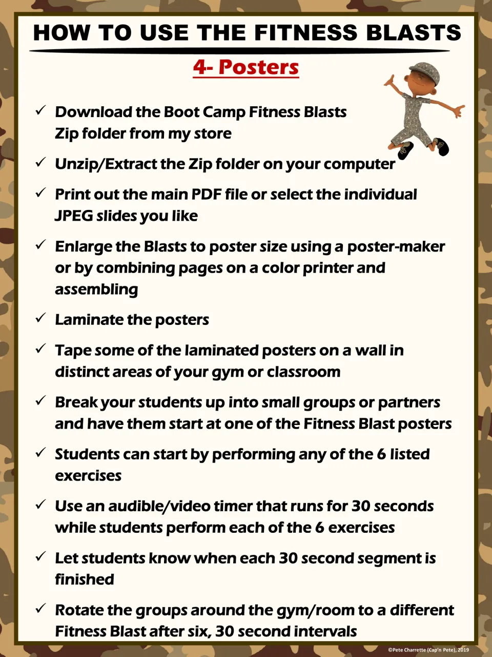 Poster directions explain enlarging PDF or JPEG workouts, laminating them, and rotating groups between posters