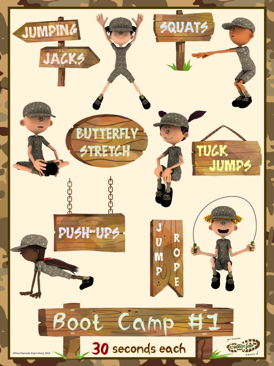 Workout card 1: jumping jacks, squats, butterfly stretch, tuck jumps, push-ups, and jump rope, 30 seconds each