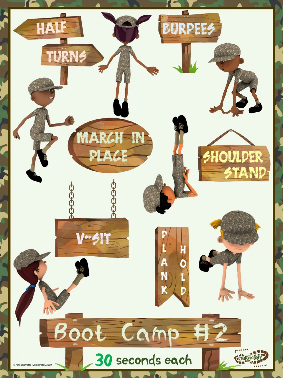 Workout card 2: half turns, burpees, march in place, shoulder stand, V-sit, and plank hold, 30 seconds each