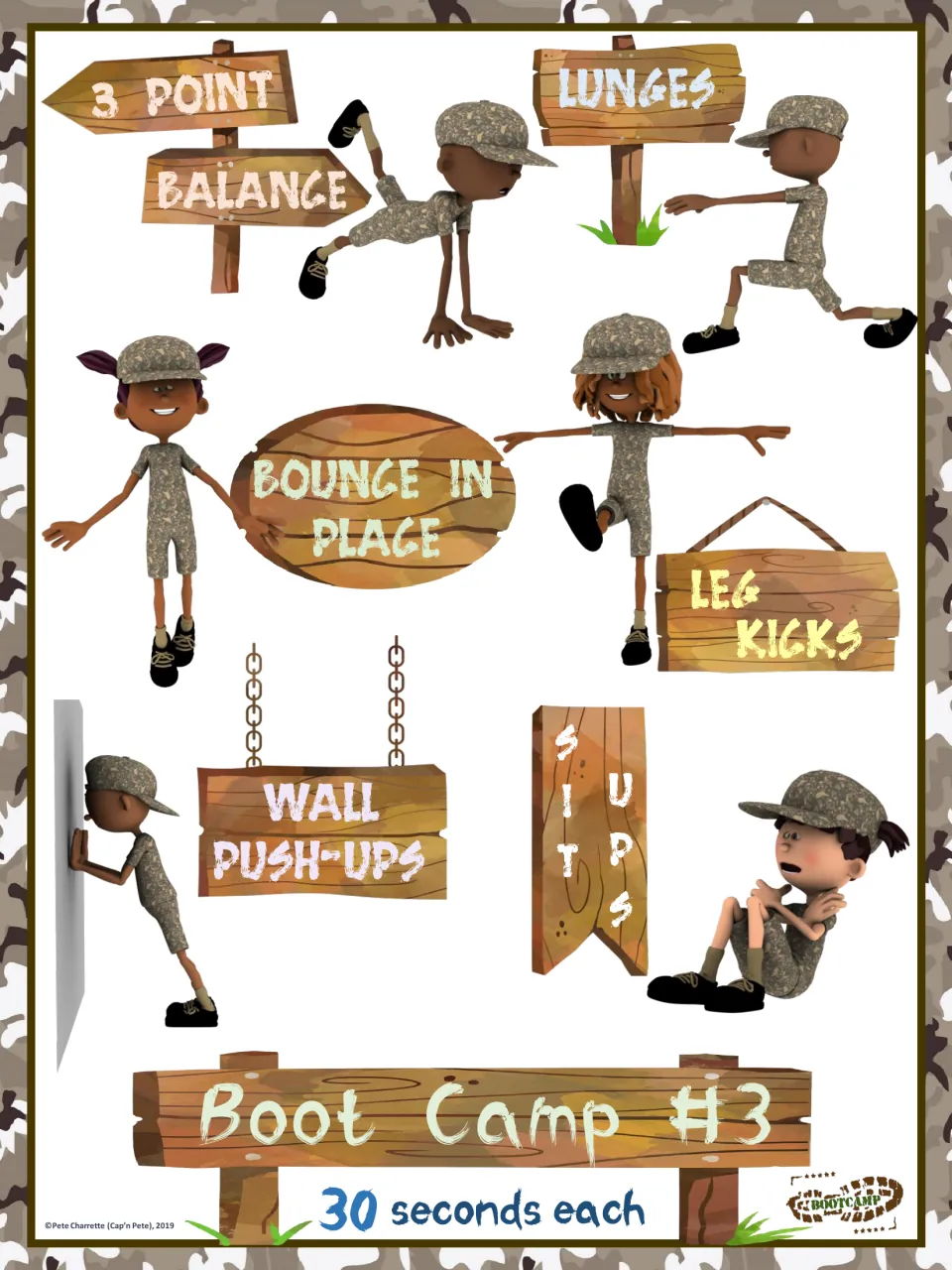 Workout card 3: 3-point balance, lunges, bounce in place, leg kicks, wall push-ups, and sit-ups, 30 seconds each