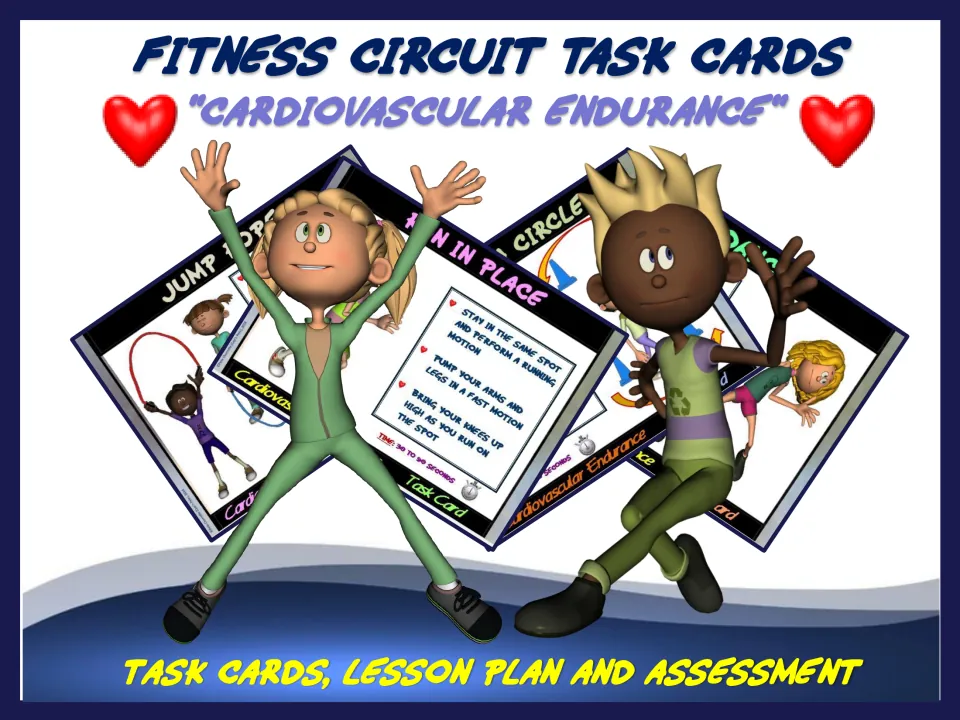 Fitness Circuit Task Cards: Cardiovascular Endurance cover identifying task cards, lesson plan, and assessment