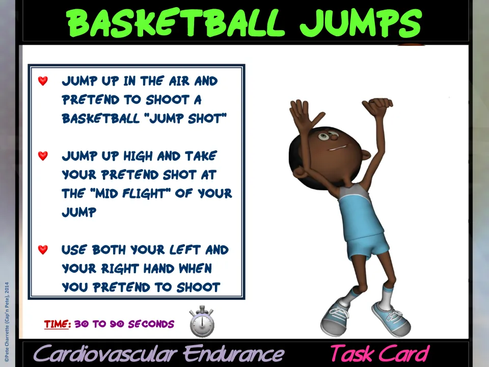 Basketball Jumps task card directs students to jump and pretend to shoot at midflight, using both hands