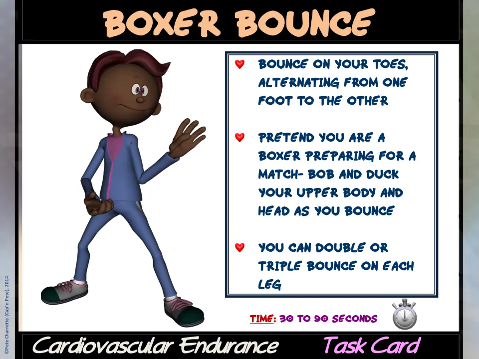 Boxer Bounce task card directs students to alternate feet, bob and duck, and try double or triple bounces