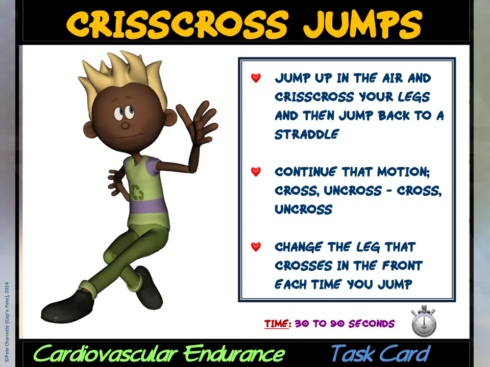 Crisscross Jumps task card directs students to cross and uncross their legs, changing the front leg each jump