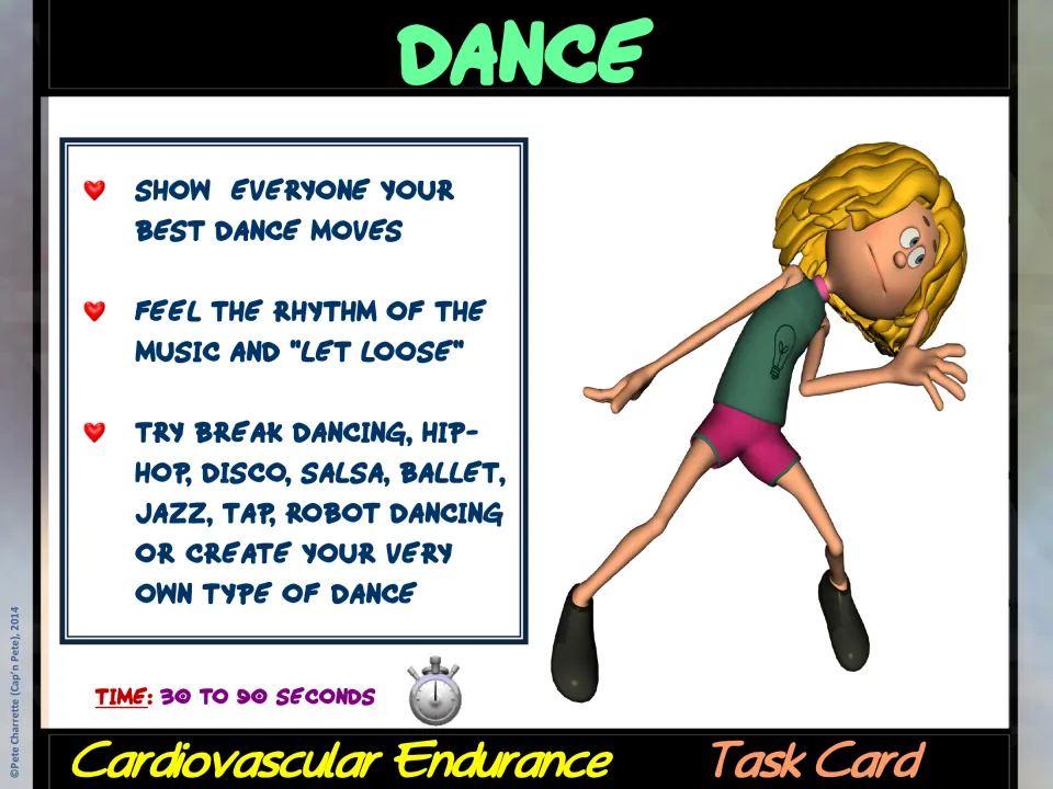 Dance task card invites students to move to music and try hip-hop, disco, salsa, ballet, or their own dance