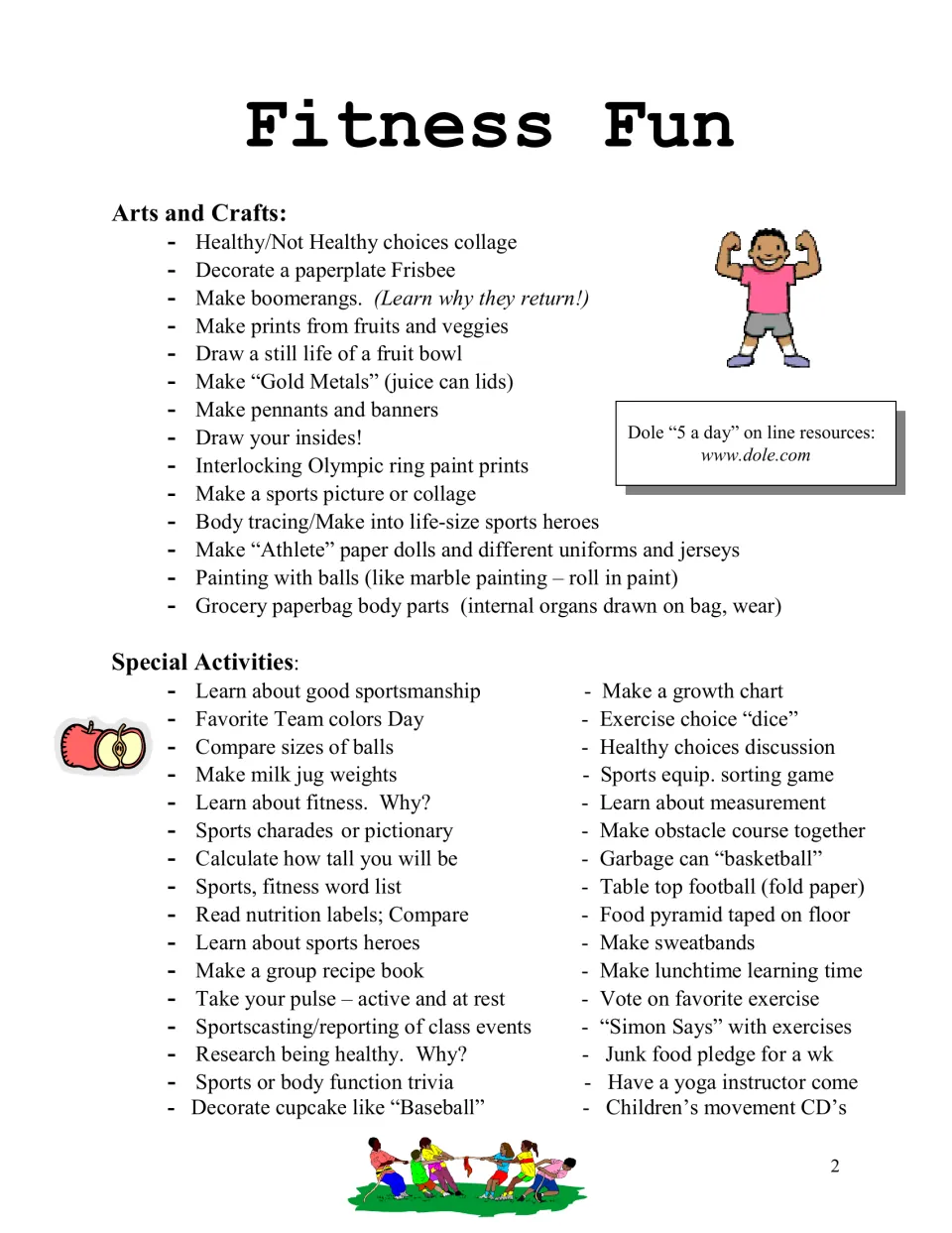 Fitness theme ideas: crafts like paper plate Frisbees and fruit prints, plus activities such as taking your pulse