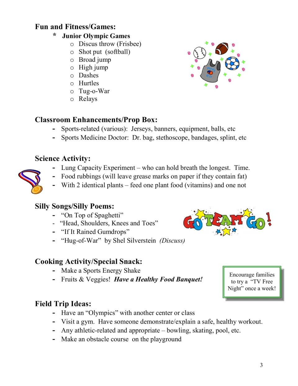 Junior Olympic Games list with discus, broad jump and relays, plus prop box, science, songs, snack and field trip ideas