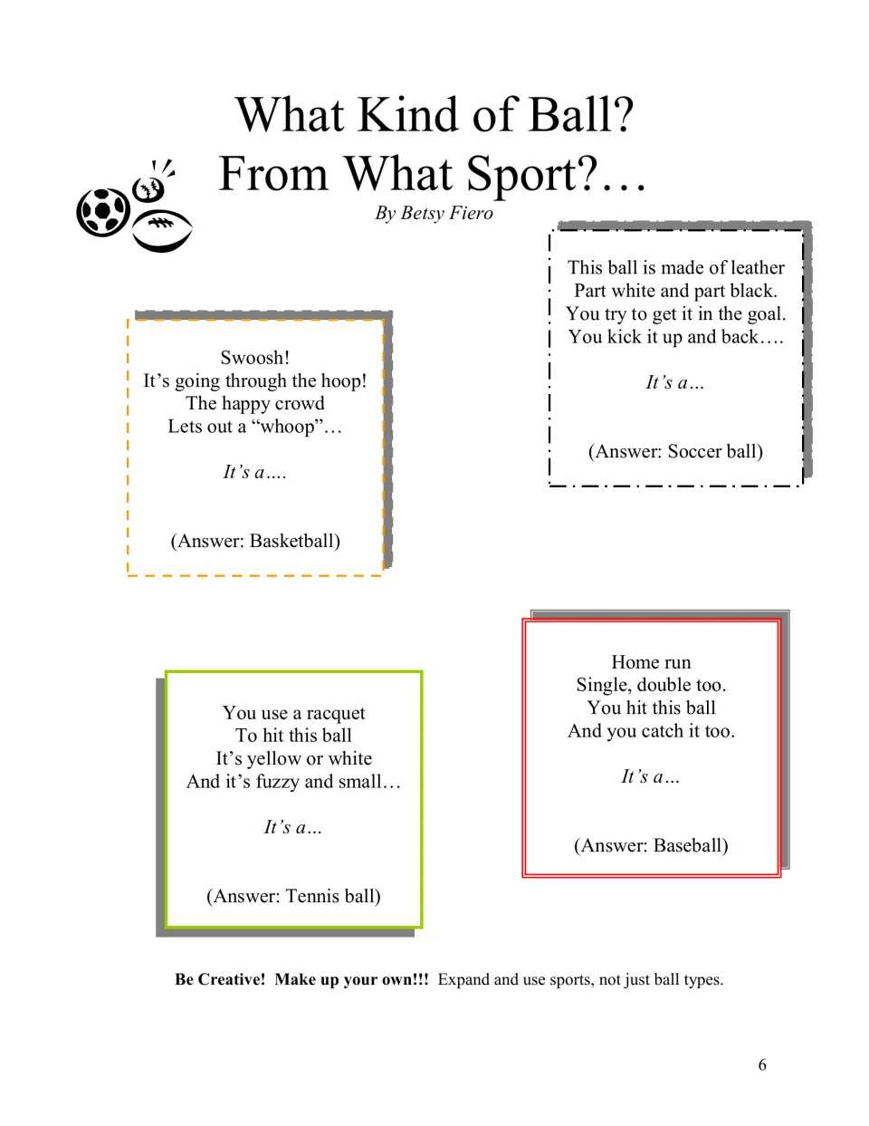 What Kind of Ball? riddles: children guess the basketball, soccer ball, tennis ball and baseball from rhyming clues