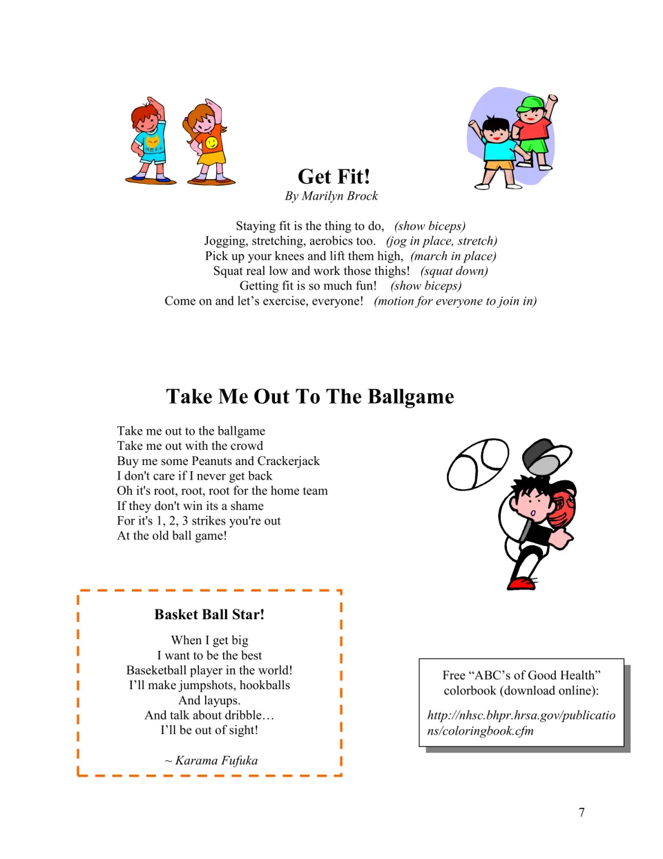 Get Fit! action rhyme with movement cues like squat down, plus Take Me Out to the Ballgame and Basket Ball Star