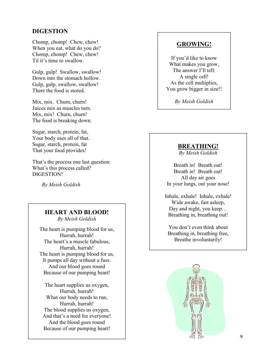 Body poems by Meish Goldish on digestion, growing, breathing and the heart and blood, with lines like Chomp, chomp!