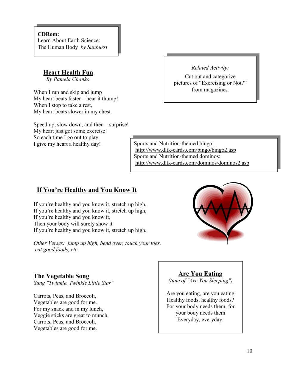 Heart Health Fun poem and healthy eating songs, including If You're Healthy and You Know It and The Vegetable Song