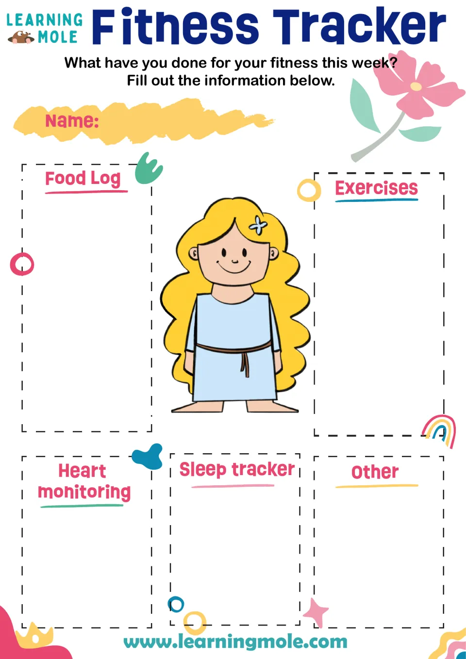 Weekly fitness log: students record their food, exercises, heart monitoring, sleep and other healthy habits this week