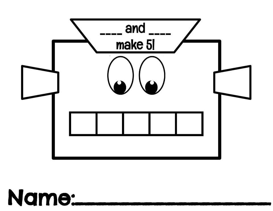 Making 5 robot template: students fill the five frame mouth and complete "__ and __ make 5!" on the hat
