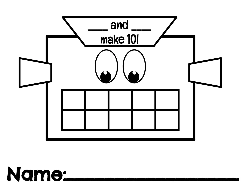 Making 10 robot template: students fill the ten frame mouth and write the pair of numbers in "__ and __ make 10!"