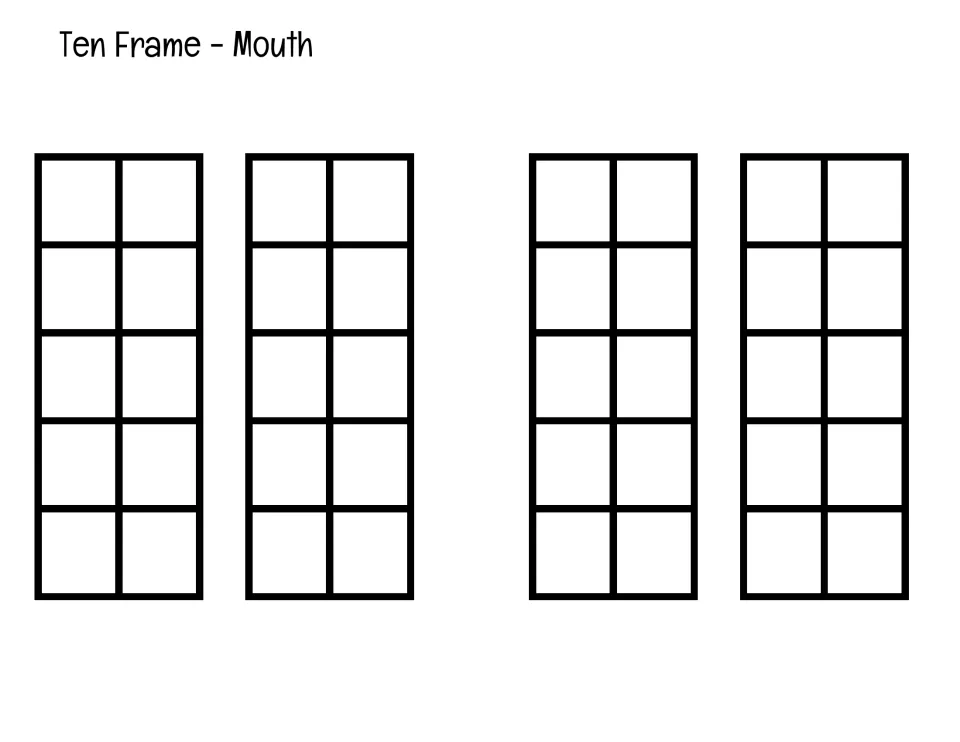 Ten Frame - Mouth cut-out pieces: four blank ten frames students cut out as mouths for the make-10 robots