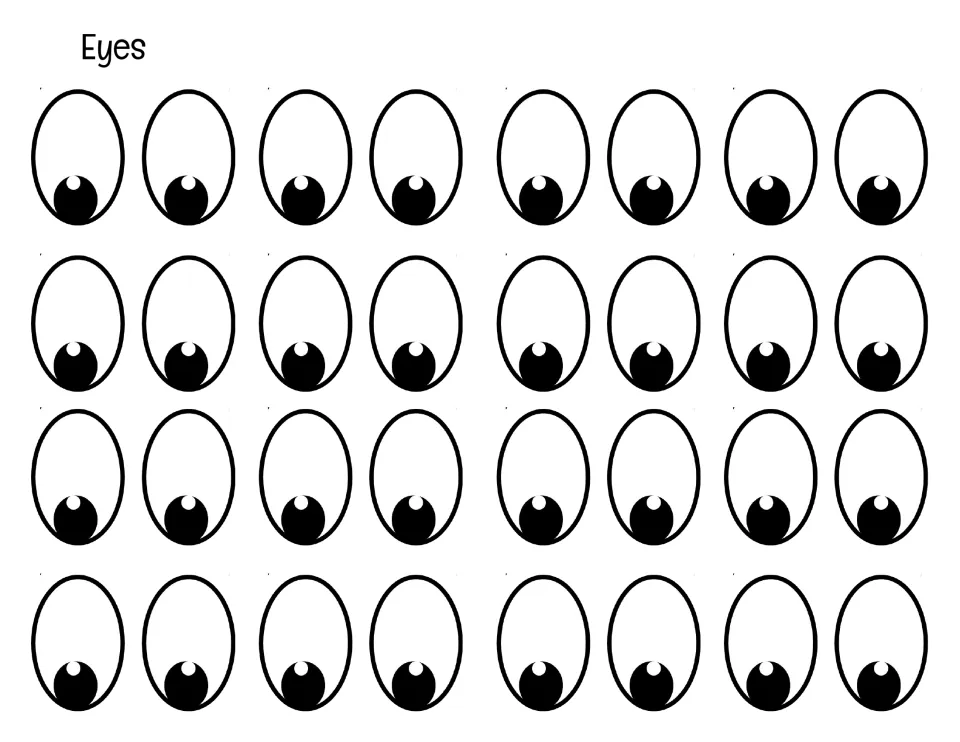 Eyes cut-out pieces: 32 oval cartoon eyes with black pupils to cut out in pairs and glue onto robot faces