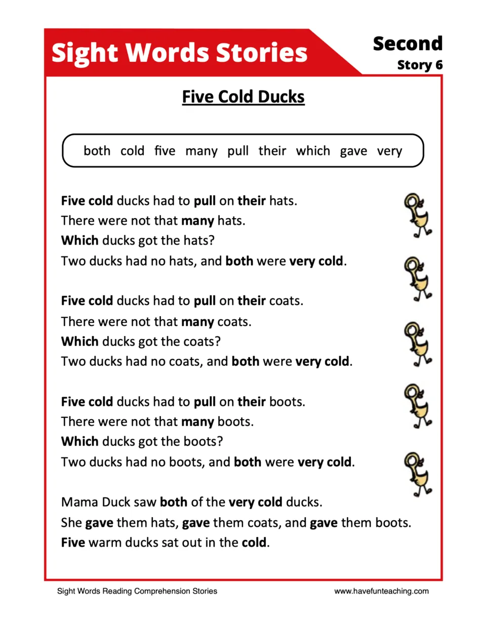 Five Cold Ducks sight word story: students read about ducks needing hats, coats and boots, with nine target words bolded