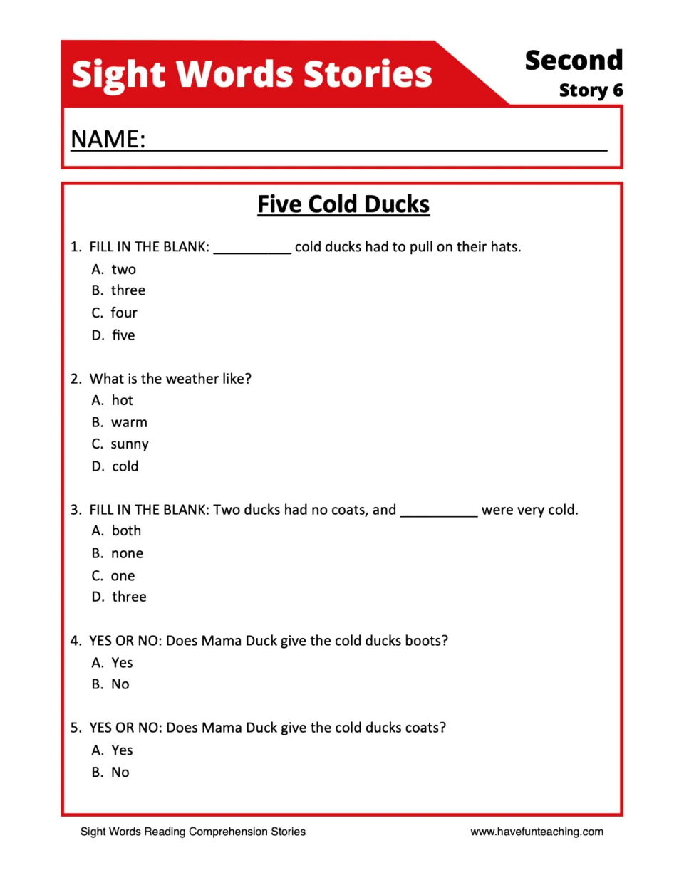 Five Cold Ducks quiz: students answer 5 multiple-choice, fill-in-the-blank and yes/no questions about the duck story