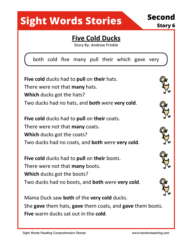 Five Cold Ducks Second Sight Words Reading Comprehension Worksheet teaching resource preview