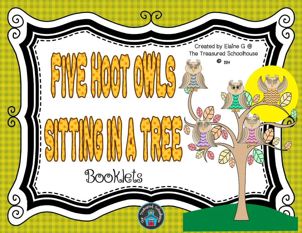 Resource cover for Five Hoot Owls Sitting in a Tree booklets, showing five owls perched in a tree