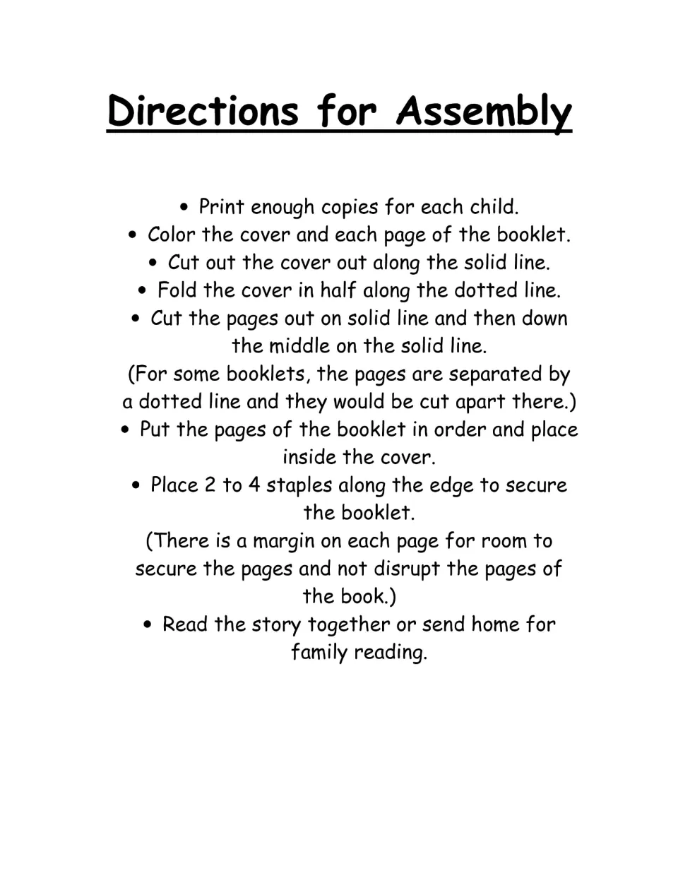 Booklet assembly directions: print, color, cut, fold the cover, order the pages, staple, and read together