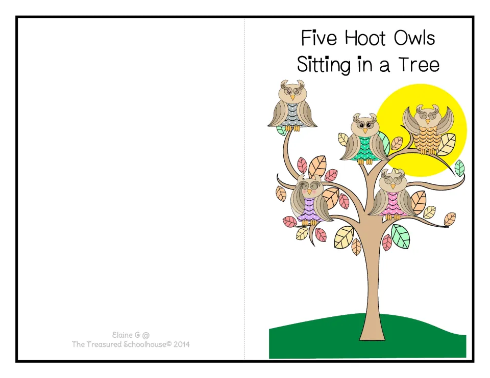Color booklet cover to cut and fold, showing five owls sitting in a tree above a green patch of ground