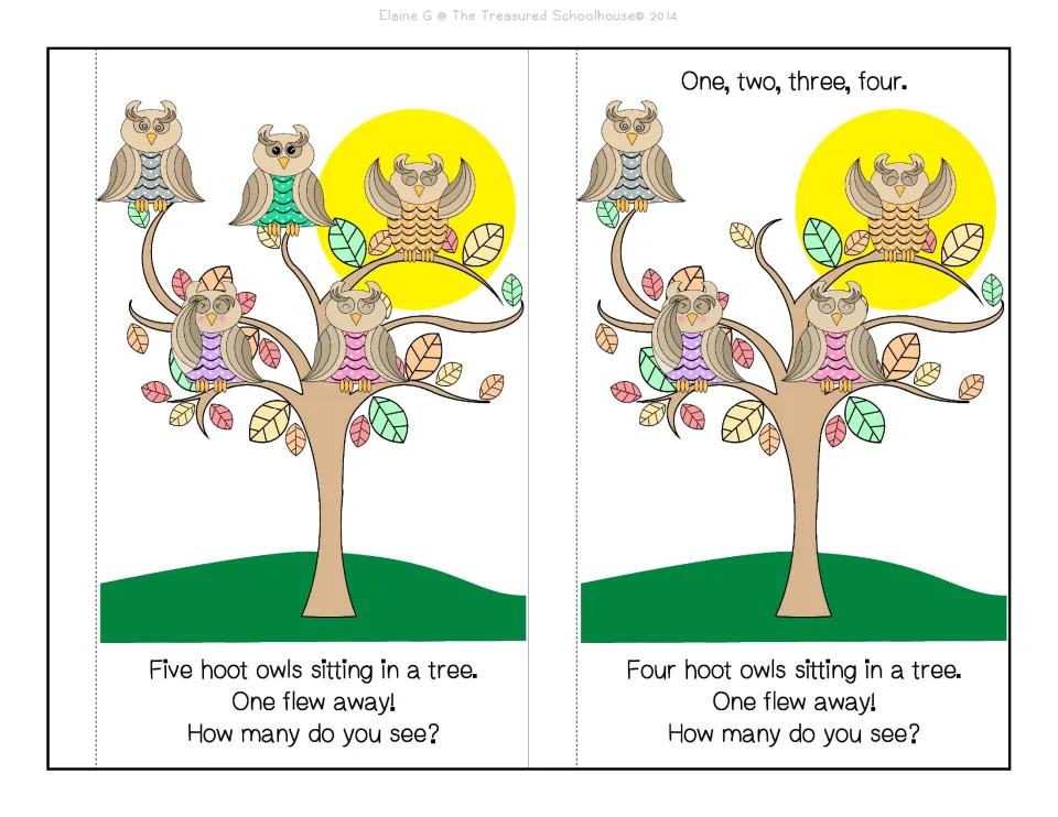 Color booklet story pages 1–2 show five owls, then four; each says one flew away and asks how many remain