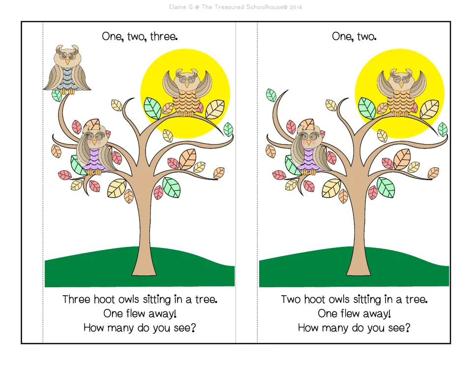 Color booklet story pages 3–4 show three owls, then two; each says one flew away and asks how many remain