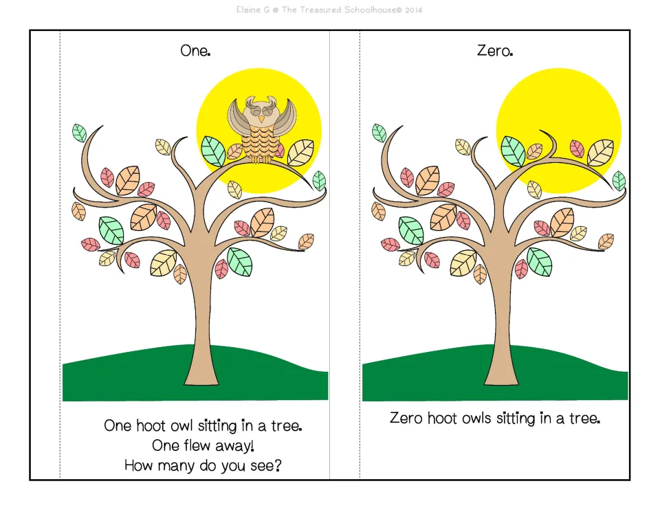 Color booklet story pages 5–6 show one owl flying away in the verse, then a tree with zero owls remaining