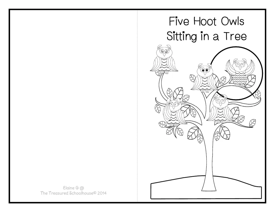 Black-and-white booklet cover to color, cut, and fold, showing five owls perched on the branches of a tree