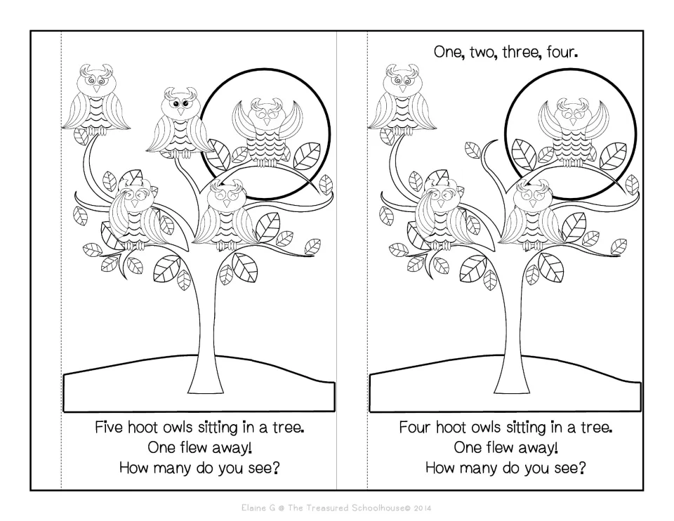 Black-and-white booklet story pages 1–2 show five and four owls, with repeated words about one flying away